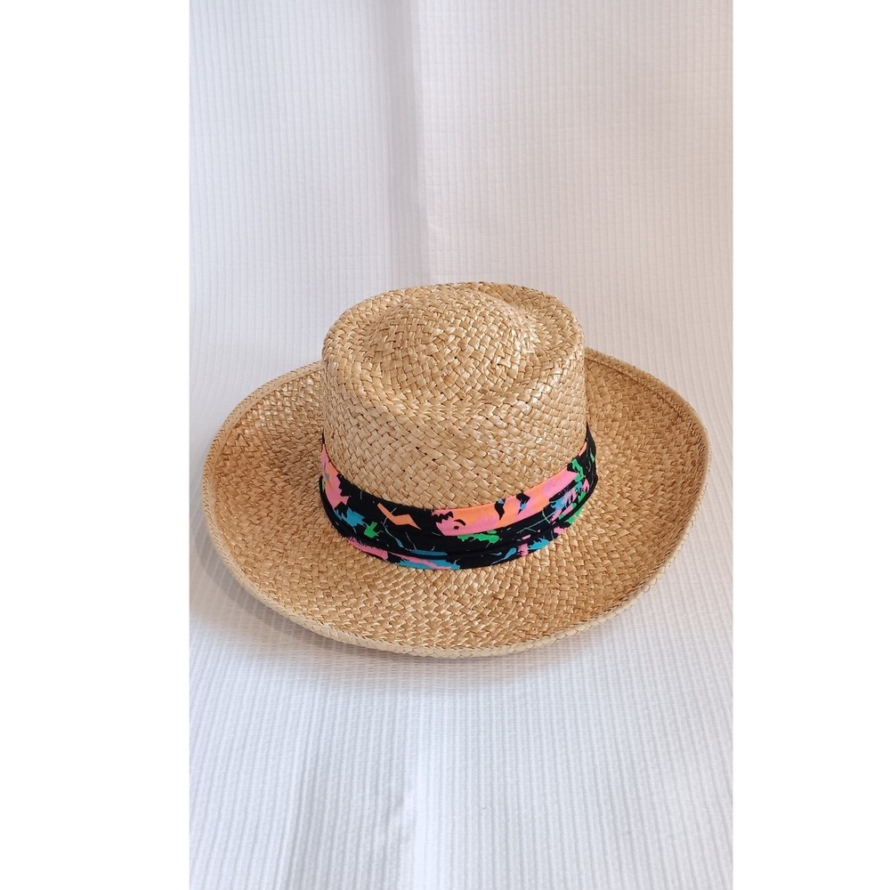Vintage Made in USA Straw Boater Hat Large Natural Woven Mid Brim Abstract Band - Picture 6 of 9